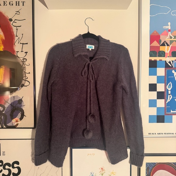 Vintage euro Charcoal Pom Pom tie knit Cardigan Sweater - fits like small - Picture 12 of 12